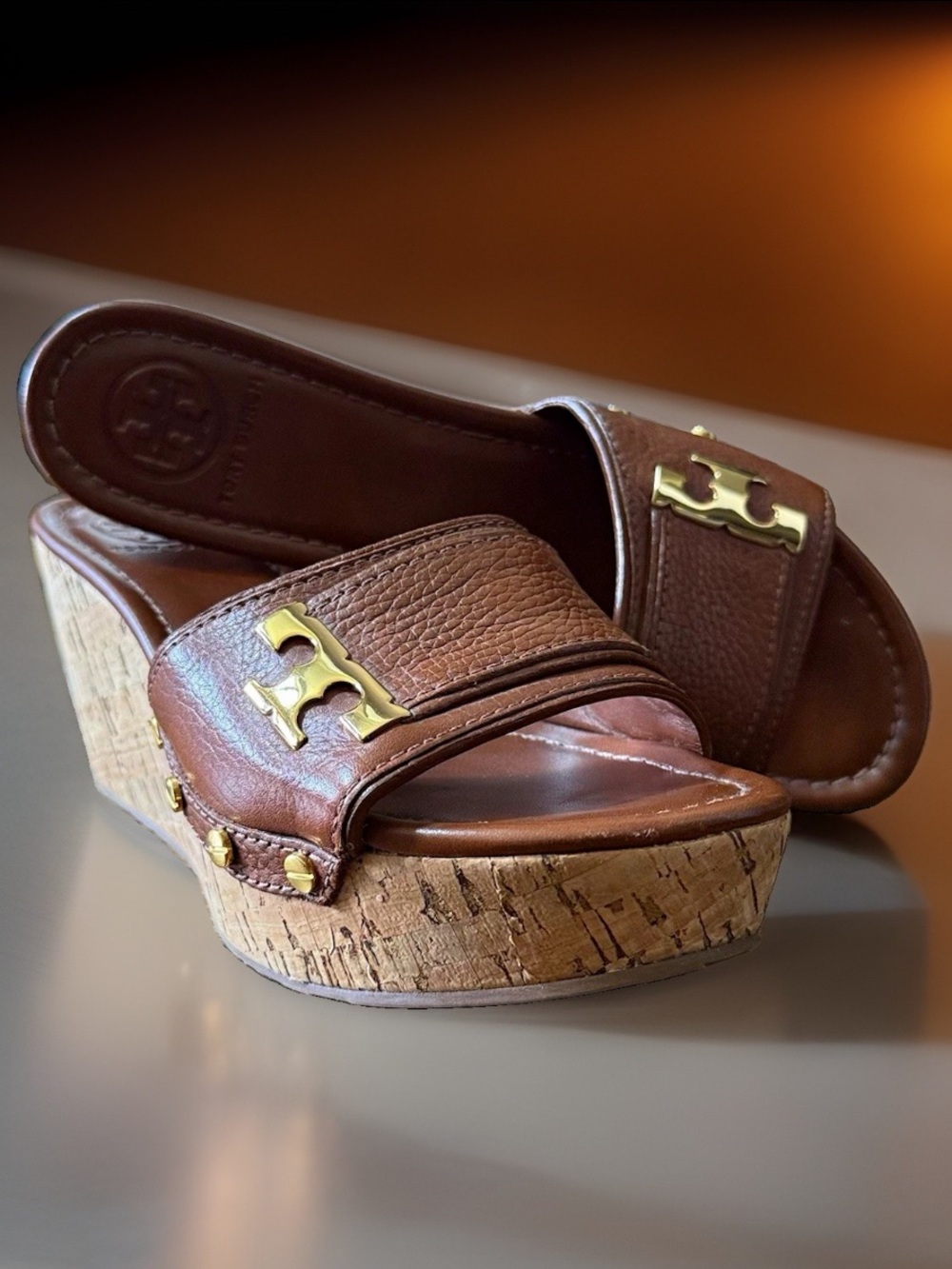 Tory Burch Brown Leather Cork Wedge Slide Sandals Gold Logo Size 7.5M